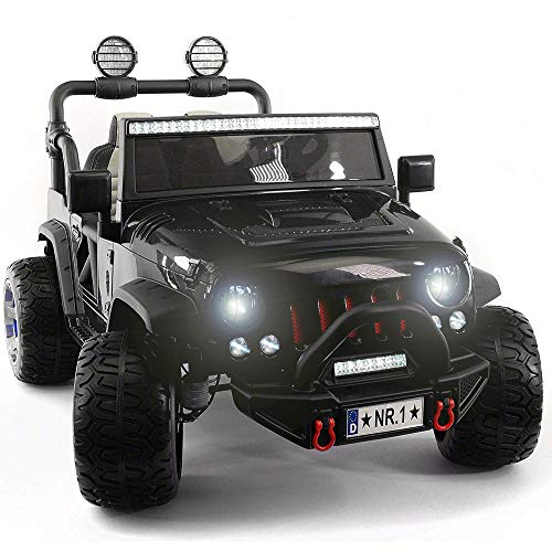 2024 Two (2) Seater Ride On Kids Car Truck w/Remote | Large 12V Battery Licensed Kid Car to Drive 3 Speeds, Leather Seat, MP3 Music by Bluetooth, FM Radio, Rubber Tires in Black