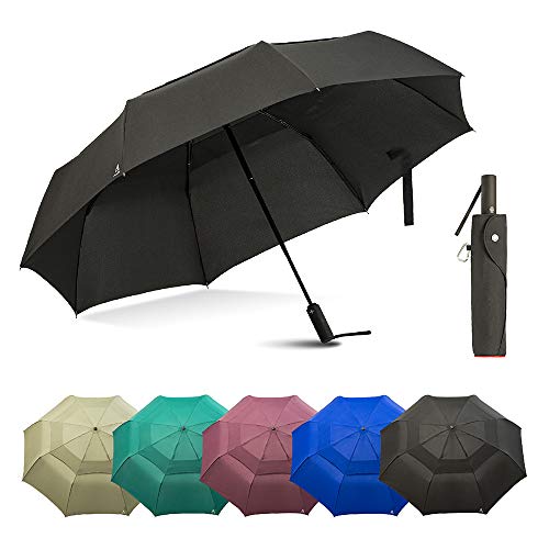 Portobello Large Travel Umbrella Folds Into Portable Travel Size - 54 Inch Double Vented Canopy Big Enough To Fit In 2 Adults - Auto Open Close (Black)