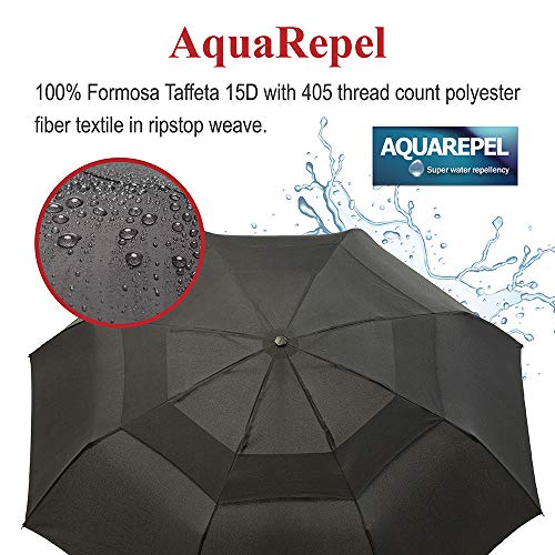 Portobello Large Travel Umbrella Folds Into Portable Travel Size - 54 Inch Double Vented Canopy Big Enough To Fit In 2 Adults - Auto Open Close (Black)