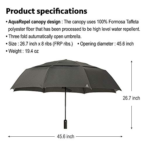 Portobello Large Travel Umbrella Folds Into Portable Travel Size - 54 Inch Double Vented Canopy Big Enough To Fit In 2 Adults - Auto Open Close (Black)