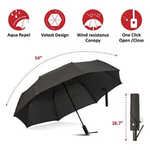 Portobello Large Travel Umbrella Folds Into Portable Travel Size - 54 Inch Double Vented Canopy Big Enough To Fit In 2 Adults - Auto Open Close (Black)