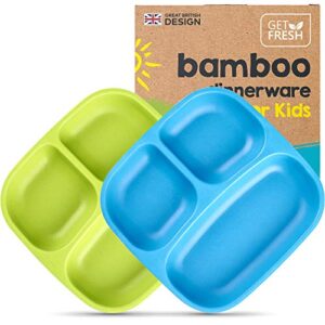 get fresh bamboo kids divided plates set – 2-pack reusable sectioned bamboo childrens plates for kids meals – colorful bamboo toddler divided plates set – bamboo kids dinnerware compartment plates