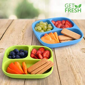 GET FRESH Bamboo Kids Divided Plates Set – 2-Pack Reusable Sectioned Bamboo Childrens Plates for Kids Meals – Colorful Bamboo Toddler Divided Plates Set – Bamboo Kids Dinnerware Compartment Plates