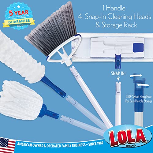 Lola Products 6-in-1 Cleaning Kit & Storage System | SPACE SAVER | 3 Mops, 1 Broom, 1 Storage Rack & 1 Handle | Cleans Dirt, Grime, Dust, & Pet Hair | Wall Mount Holder, Floor Cleaner & Dusting