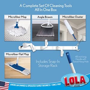 Lola Products 6-in-1 Cleaning Kit & Storage System | SPACE SAVER | 3 Mops, 1 Broom, 1 Storage Rack & 1 Handle | Cleans Dirt, Grime, Dust, & Pet Hair | Wall Mount Holder, Floor Cleaner & Dusting