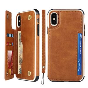 cavor for iphone x wallet case with card holder,iphone xs case for women men,phone case iphone x with credit card holders,leather card slots cases[kickstand][wrist strap] shockproof cover- brown