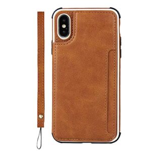 Cavor for iPhone X Wallet Case with Card Holder,iPhone Xs Case for Women Men,Phone Case iPhone X with Credit Card Holders,Leather Card Slots Cases[Kickstand][Wrist Strap] Shockproof Cover- Brown