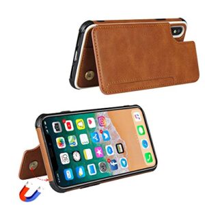 Cavor for iPhone X Wallet Case with Card Holder,iPhone Xs Case for Women Men,Phone Case iPhone X with Credit Card Holders,Leather Card Slots Cases[Kickstand][Wrist Strap] Shockproof Cover- Brown