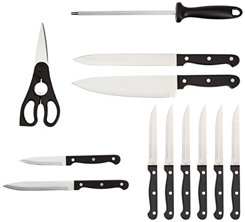 Amazon Basics Non-Stick Cookware Set, Pots, Pans and Utensils - 15-Piece Set & 14-Piece Kitchen Knife Set with High-Carbon Stainless-Steel Blades and Pine Wood Block