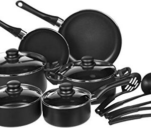 Amazon Basics Non-Stick Cookware Set, Pots, Pans and Utensils - 15-Piece Set & 14-Piece Kitchen Knife Set with High-Carbon Stainless-Steel Blades and Pine Wood Block