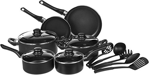 Amazon Basics Non-Stick Cookware Set, Pots, Pans and Utensils - 15-Piece Set & 14-Piece Kitchen Knife Set with High-Carbon Stainless-Steel Blades and Pine Wood Block