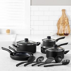 Amazon Basics Non-Stick Cookware Set, Pots, Pans and Utensils - 15-Piece Set & 14-Piece Kitchen Knife Set with High-Carbon Stainless-Steel Blades and Pine Wood Block