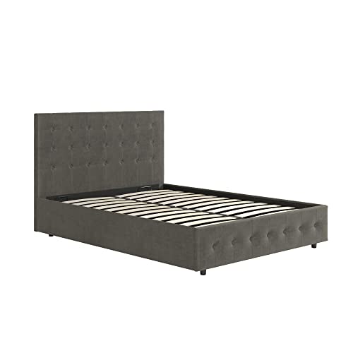 DHP Cambridge Gas Lift Upholstered Platform Bed with Storage Compartment and Button Tufted Headboard and Footboard, No Box Spring Needed, Full, Gray Velvet