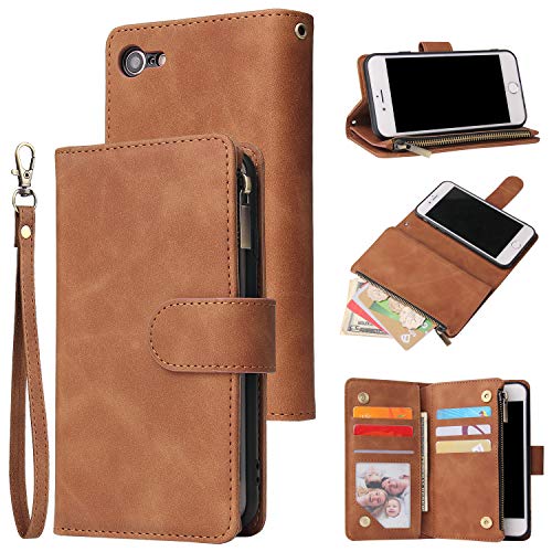 UEEBAI Wallet Case for iPhone SE 2022 5G/iPhone 7/iPhone 8/iPhone SE 2020, Premium PU Leather Magnetic Handbag Zipper Pocket Card Slots with Wrist Strap Flip Case for iPhone SE3/SE2 - Brown