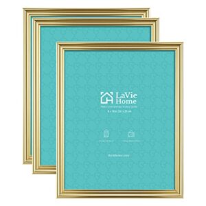 lavie home 8x10 picture frames(3 pack, gold) wall or tabletop display, graceful beveled detail design photo frames with high definition glass, perfect for home decor, set of 3 basic collection