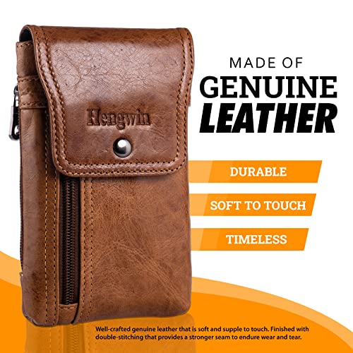 Hengwin Phone Holster Case with Belt Clip, Genuine Leather Belt Pouch Belt Case Cell Phone Holder for iPhone 14 Pro Max 11 Pro Max Xs Max XR 7 Plus 8 Plus 6s Plus (Fits Cellphone with Case On) (Brown)