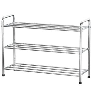 fanhao 3-tier shoe rack, 100% stainless steel shoe storage organizer, stackable 9-pair storage shelf for bedroom, closet, entryway, dorm room, 26.8" w x 10.24" d x21.7 h (silver)