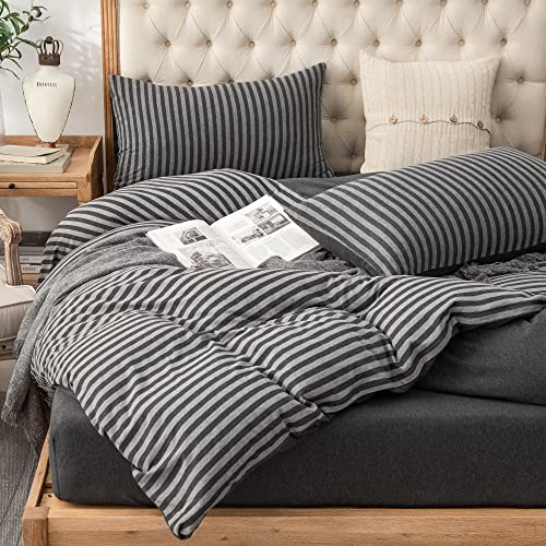 PURE ERA Jersey Knit Duvet Cover Set 100% T-Shirt Heather Cotton Super Soft Comfy Classic Striped Design, with Zipper Closure, Charcoal Dark Grey Stripe, Queen