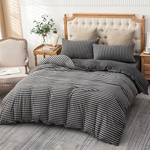 PURE ERA Jersey Knit Duvet Cover Set 100% T-Shirt Heather Cotton Super Soft Comfy Classic Striped Design, with Zipper Closure, Charcoal Dark Grey Stripe, Queen