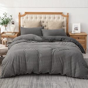 PURE ERA Jersey Knit Duvet Cover Set 100% T-Shirt Heather Cotton Super Soft Comfy Classic Striped Design, with Zipper Closure, Charcoal Dark Grey Stripe, Queen