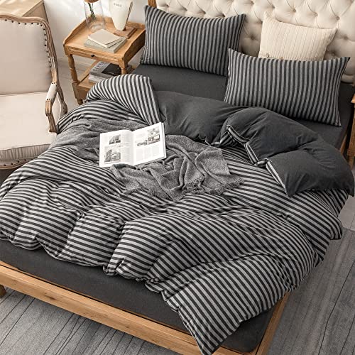 PURE ERA Jersey Knit Duvet Cover Set 100% T-Shirt Heather Cotton Super Soft Comfy Classic Striped Design, with Zipper Closure, Charcoal Dark Grey Stripe, Queen