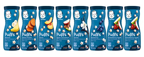 Gerber Puffs Variety Pack - 1 Banana, 1 Sweet Potato, 1 Peach, 1 Apple Cinnamon, 1 Vanilla, 1 Blueberry, 2 Strawberry Apple - 1.48 OZ each (8 CT)