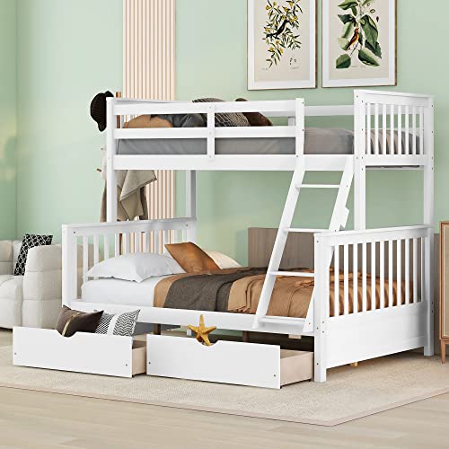 Harper & Bright Designs Bunk Bed with Drawers, Twin Over Full Bunk Bed, Solid Wood Bunk Bed Frame with Ladders & 2 Storage Drawers, Bedroom Furniture(White, Twin/Full with Drawers)