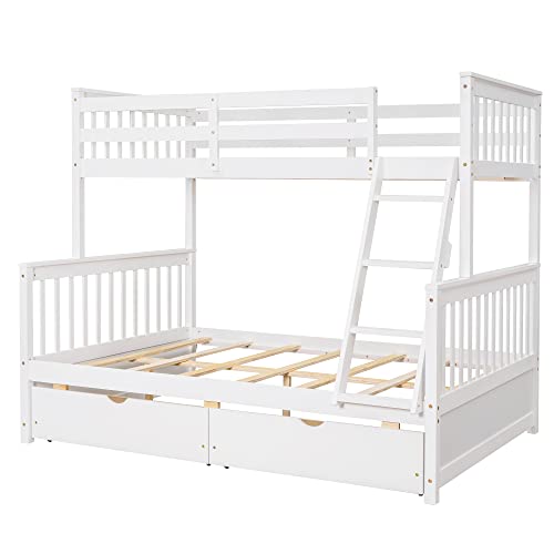 Harper & Bright Designs Bunk Bed with Drawers, Twin Over Full Bunk Bed, Solid Wood Bunk Bed Frame with Ladders & 2 Storage Drawers, Bedroom Furniture(White, Twin/Full with Drawers)