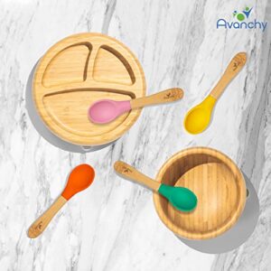 Avanchy Bamboo Baby Plate - Silicone Suction - Suction Plates and Bowls for Toddlers - 9 Months and Older - 7" x 2" (Rainbow Gift Set White)