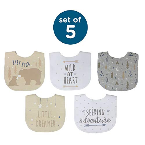 Neat Solutions 5 Pack Aspirational Bib Set with Mixed Fabrics & Water Resistant Inner Core - Boy, Grey Oatmeal While