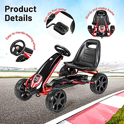 HONEY JOY Go Kart for Kids, 4 Big Wheels Racer Ride On Pedal Car with 2 Safety Brakes, Adjustable Seat, EVA Rubber Tires, Axle, Clutch, On Foot Pedal Go Cart for Kids Age 3+(Black)