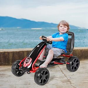 HONEY JOY Go Kart for Kids, 4 Big Wheels Racer Ride On Pedal Car with 2 Safety Brakes, Adjustable Seat, EVA Rubber Tires, Axle, Clutch, On Foot Pedal Go Cart for Kids Age 3+(Black)