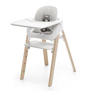 stokke steps complete - natural legs, white seat & grey cushion - 5-in-1 seat system - includes baby set, tray & cushion - for babies 6-36 months - chair holds up to 187 lbs - tool free & adjustable