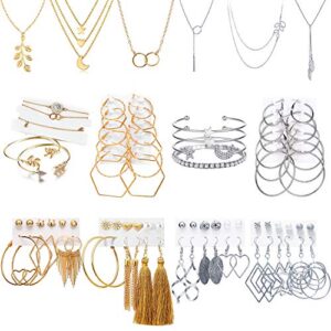 51 pcs gold silver jewelry set with 6 pcs necklace,9 pcs bracelet,36 pcs layered ball dangle hoop stud earrings for women jewelry fashion and valentine birthday party gift