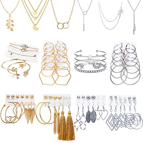 51 PCS Gold Silver Jewelry Set with 6 PCS Necklace,9 PCS Bracelet,36 PCS Layered Ball Dangle Hoop Stud Earrings for Women Jewelry Fashion and Valentine Birthday Party Gift