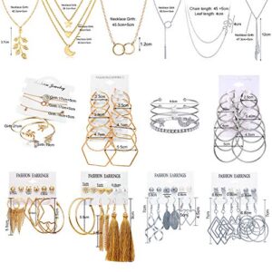 51 PCS Gold Silver Jewelry Set with 6 PCS Necklace,9 PCS Bracelet,36 PCS Layered Ball Dangle Hoop Stud Earrings for Women Jewelry Fashion and Valentine Birthday Party Gift