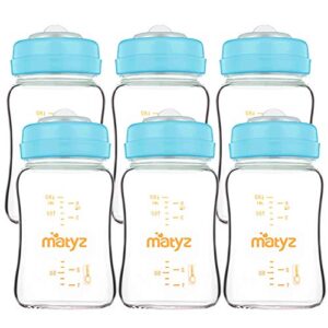 matyz glass breastmilk storage bottles, 6 pack, 6 oz, compatible with spectra medela breast pump - freezer safe storage bottles set - wide mouth breastmilk storage containers - bpa free (blue lids)