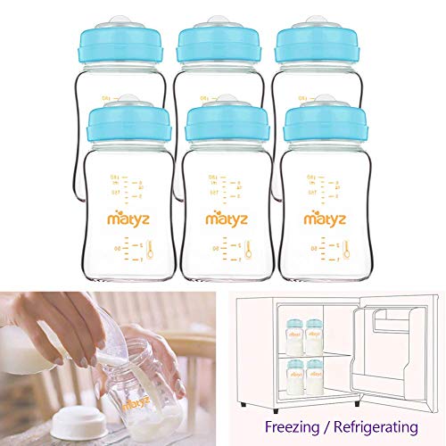 Matyz Glass Breastmilk Storage Bottles, 6 Pack, 6 oz, Compatible with Spectra Medela Breast Pump - Freezer Safe Storage Bottles Set - Wide Mouth Breastmilk Storage Containers - BPA Free (Blue Lids)