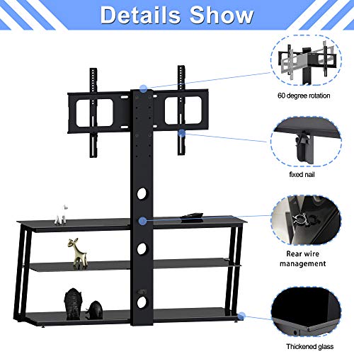 TV Stand with Mount Height Adjustable Bracket Entertainment Stand for 32 to 65 inch Plasma LCD LED or Curved Screen TV 3-Tier Tempered Glass Universal Media Stand Floor tv Stand IANIYA