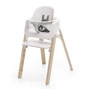stokke steps high chair - natural legs & white seat - 5-in-1 seat system - includes baby set - suits babies 6-36 months - chair holds up to 187 lbs. - tool free & adjustable
