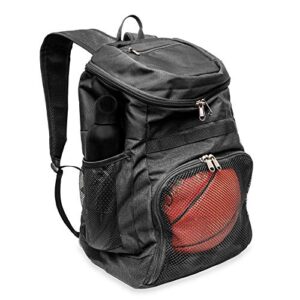 xelfly basketball backpack with ball compartment – sports equipment bag for soccer ball, volleyball, gym, outdoor, travel, team – 2 bottle pockets, includes laundry or shoe bag – 25l (black)