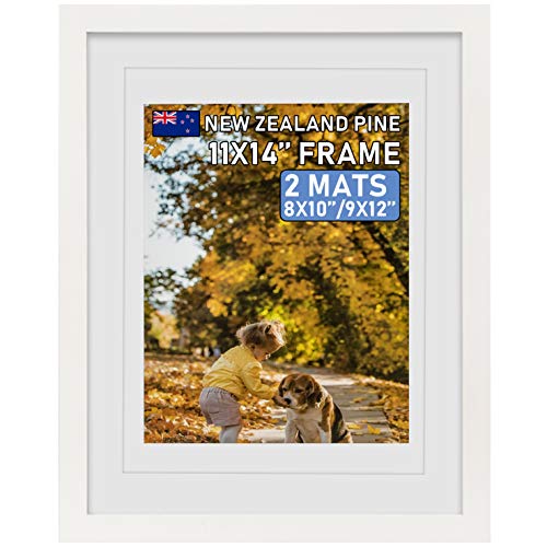 Beyond Your Thoughts 11"X14" REAL WOOD + REAL GLASS (Hang/Stand) White Picture Photo Frame with Matted for 8"X10" or 9"x12" Photo for Wall and Table Top-Mounting Hardware Included(1 Pack)