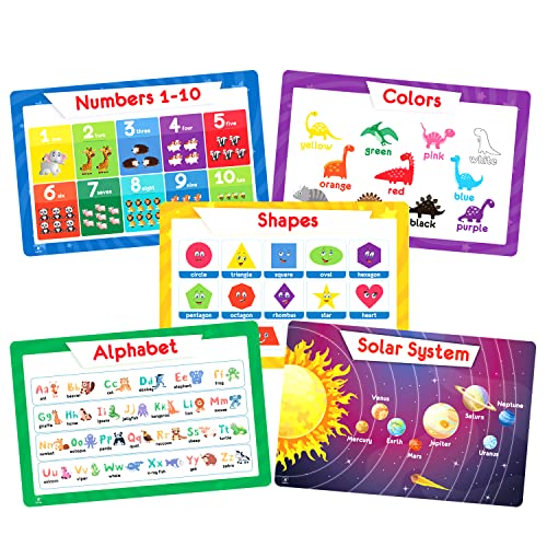 Simply Magic 5 Placemats for Kids - Kids Placemats Non Slip, Washable Reusable Toddler Placemats, Educational Placemats: Alphabet ABC, Shapes, Colors, Numbers, Solar System, Plastic Placemats for Kids