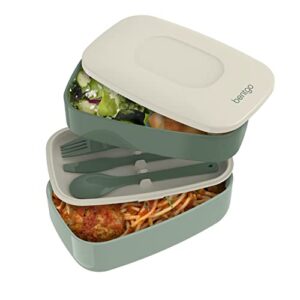 bentgo classic - all-in-one stackable bento lunch box container - modern bento-style design includes 2 stackable containers, built-in plastic utensil set, and nylon sealing strap (khaki green)