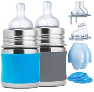 pura kiki newborn baby bottle gift set - bpa-free, stainless steel, anti-colic, silicone starter feeding for breastmilk & formula - aqua & gray, 0-18 months
