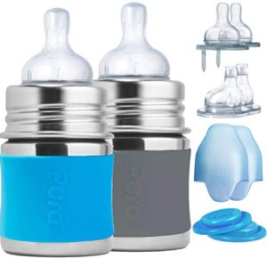 Pura Kiki Newborn Baby Bottle Gift Set - BPA-Free, Stainless Steel, Anti-Colic, Silicone Starter Feeding for Breastmilk & Formula - Aqua & Gray, 0-18 Months