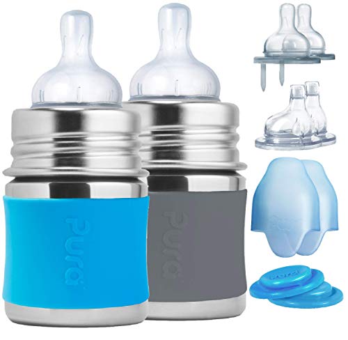 Pura Kiki Newborn Baby Bottle Gift Set - BPA-Free, Stainless Steel, Anti-Colic, Silicone Starter Feeding for Breastmilk & Formula - Aqua & Gray, 0-18 Months