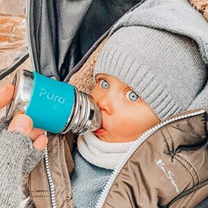 Pura Kiki Newborn Baby Bottle Gift Set - BPA-Free, Stainless Steel, Anti-Colic, Silicone Starter Feeding for Breastmilk & Formula - Aqua & Gray, 0-18 Months