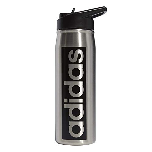 adidas 600 Ml (20 Oz) Straw Top Metal Water Bottle, Hot/Cold Double-Walled Insulated 18/8, Stainless Steel/Black, One Size