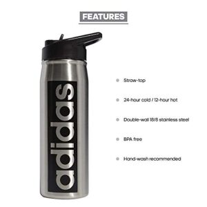 adidas 600 Ml (20 Oz) Straw Top Metal Water Bottle, Hot/Cold Double-Walled Insulated 18/8, Stainless Steel/Black, One Size